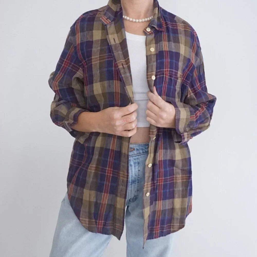 Lauren Ralph Lauren Purple Maroon Plaid Linen Blend Button Up Shirt M - Picture 2 of 12